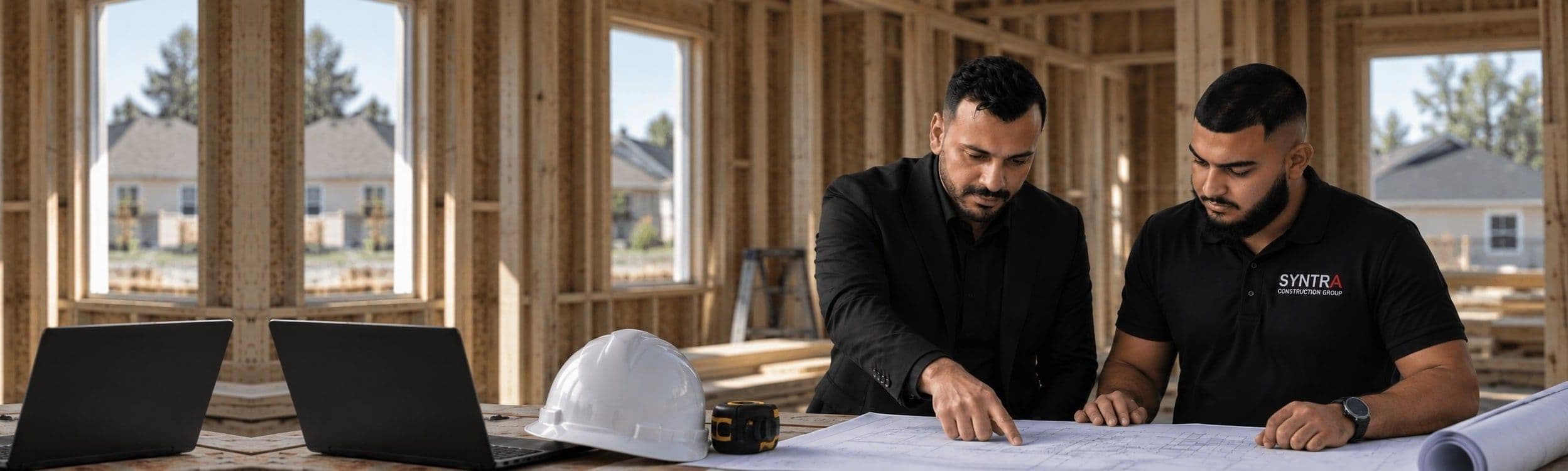 Syntra Construction Group reviewing plans inside a timber-framed home under construction