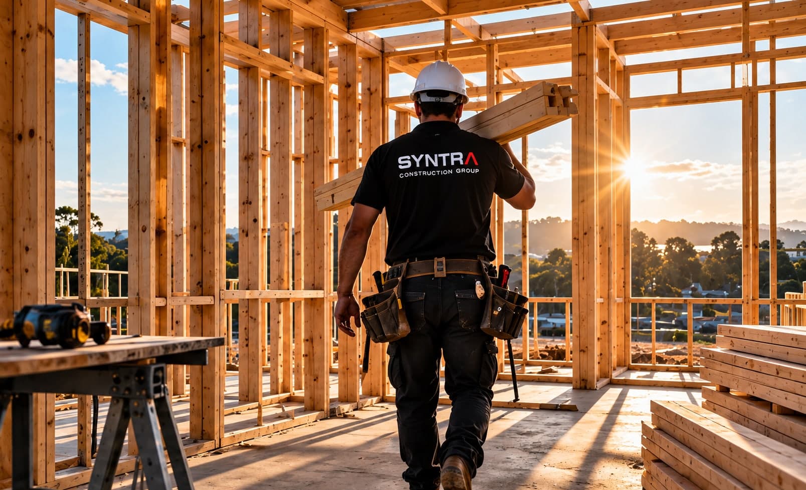 A Syntra Construction Group carpenter carrying a beam through a timber-framed home at sunrise